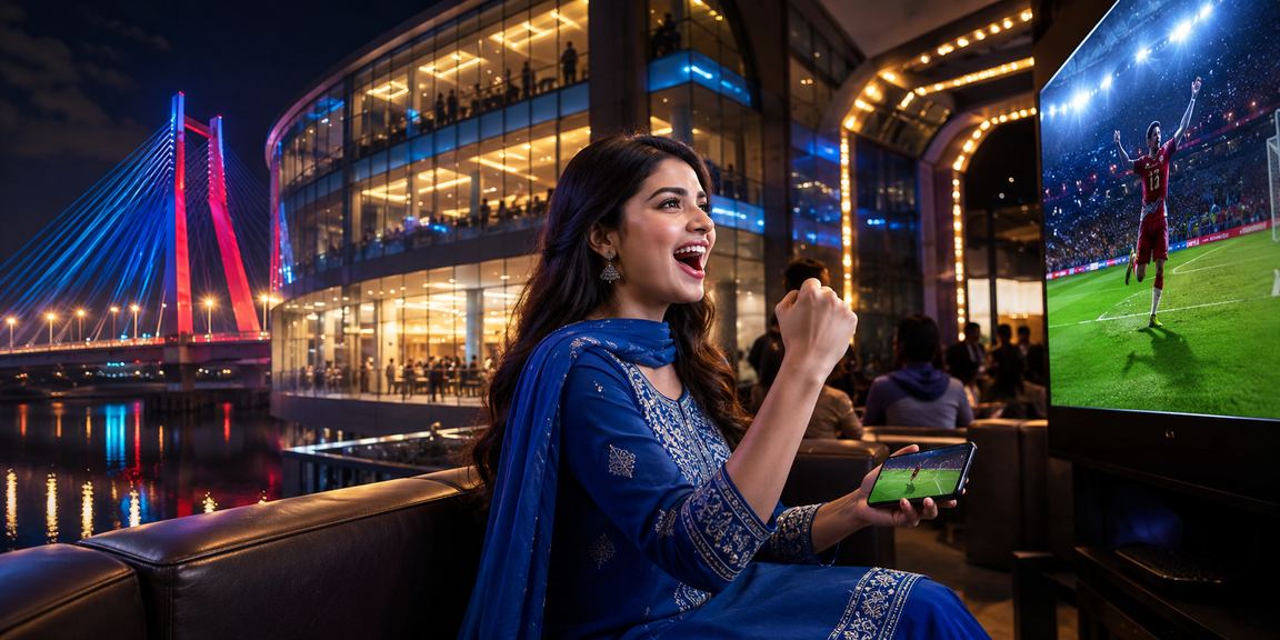 Scene of a young woman wearing salwar kameez playing lottery on her mobile in Barisal